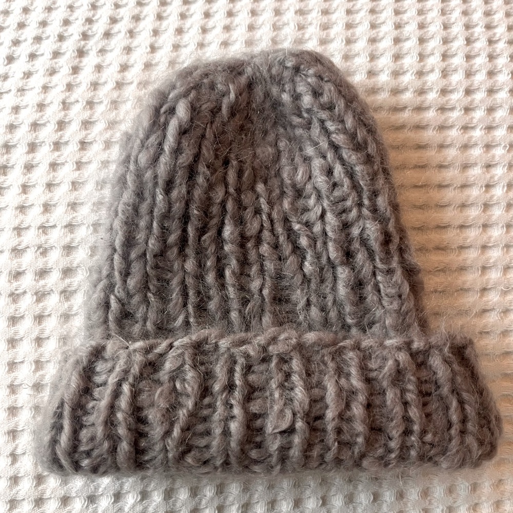 Hand Knit Gray Mohair Ribbed Beanie